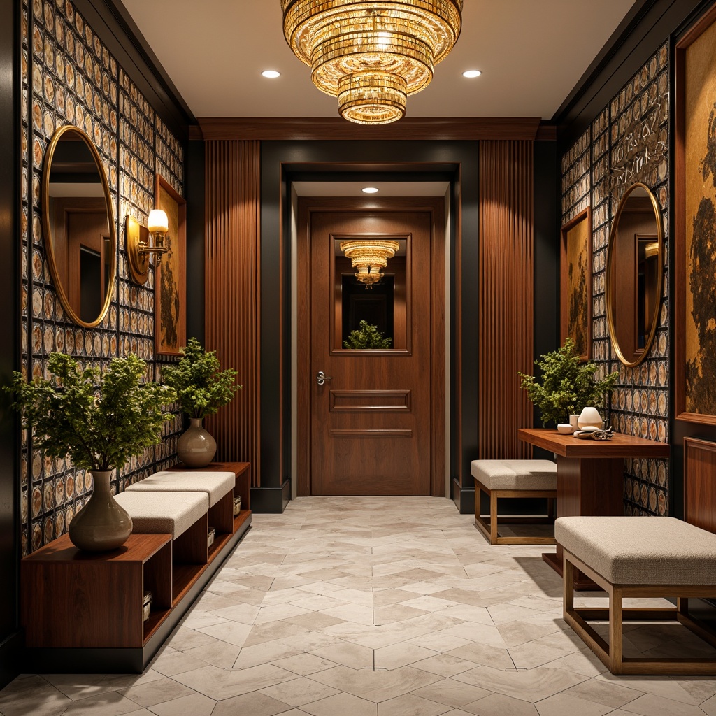 Prompt: Art Deco mudroom, geometric patterned walls, metallic accents, luxurious textiles, bold color scheme, ornate mirrors, stylish sconces, sleek console tables, glamorous vases, rich wood tones, marble flooring, hexagonal tiles, chic storage benches, decorative screens, opulent chandeliers, warm golden lighting, shallow depth of field, 1/1 composition, realistic textures, ambient occlusion.