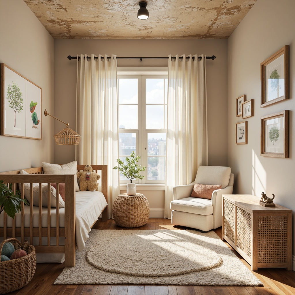 Prompt: Whimsical baby nursery, soft pastel colors, rustic wood accents, vintage distressed finishes, woven wicker furniture, plush area rugs, nature-inspired wallpaper, botanical prints, gentle cream curtains, warm beige walls, textured stucco ceiling, cozy reading nook, natural light pouring in, shallow depth of field, 1/1 composition, softbox lighting, realistic textures, ambient occlusion.Please let me know if this meets your expectations!