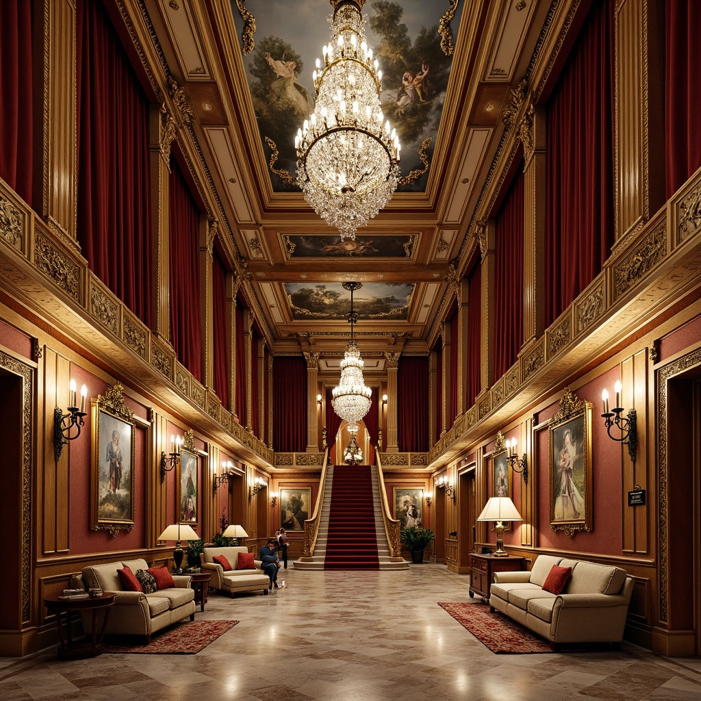 Prompt: Luxurious palace interior, opulent furnishings, ornate gold accents, intricately carved wooden panels, lavish velvet drapes, grand crystal chandeliers, marble floors, frescoed ceilings, rich tapestries, Rococo-inspired mirrors, gilded moldings, sweeping staircases, regal thrones, dramatic coved ceilings, warm candlelight, soft focus, shallow depth of field, 1/2 composition, realistic textures, ambient occlusion.