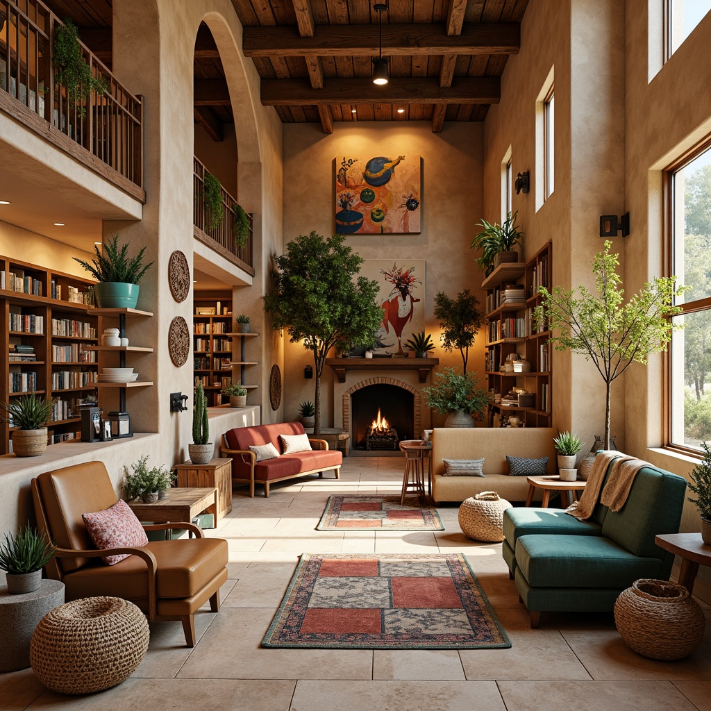 Prompt: \Earthy bookstore, adobe-style architecture, warm beige walls, wooden shelves, woven baskets, vibrant turquoise accents, rustic metal decorations, potted cacti, natural stone flooring, cozy reading nooks, comfortable leather armchairs, floor-to-ceiling bookshelves, eclectic artwork, colorful textiles, warm soft lighting, shallow depth of field, 3/4 composition, panoramic view, realistic textures, ambient occlusion.\Let me know if this meets your expectations!