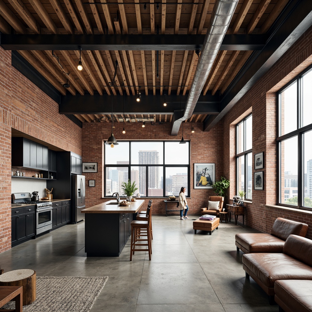 Prompt: Exposed brick walls, metal beams, industrial chic decor, reclaimed wood accents, polished concrete floors, minimalist lighting fixtures, modern urban loft atmosphere, open-plan living area, functional kitchen island, stainless steel appliances, high ceilings, floor-to-ceiling windows, city skyline views, eclectic artwork, distressed leather sofas, industrial-style coffee tables, airy ambiance, soft natural light, shallow depth of field, 2/3 composition, realistic textures, ambient occlusion.