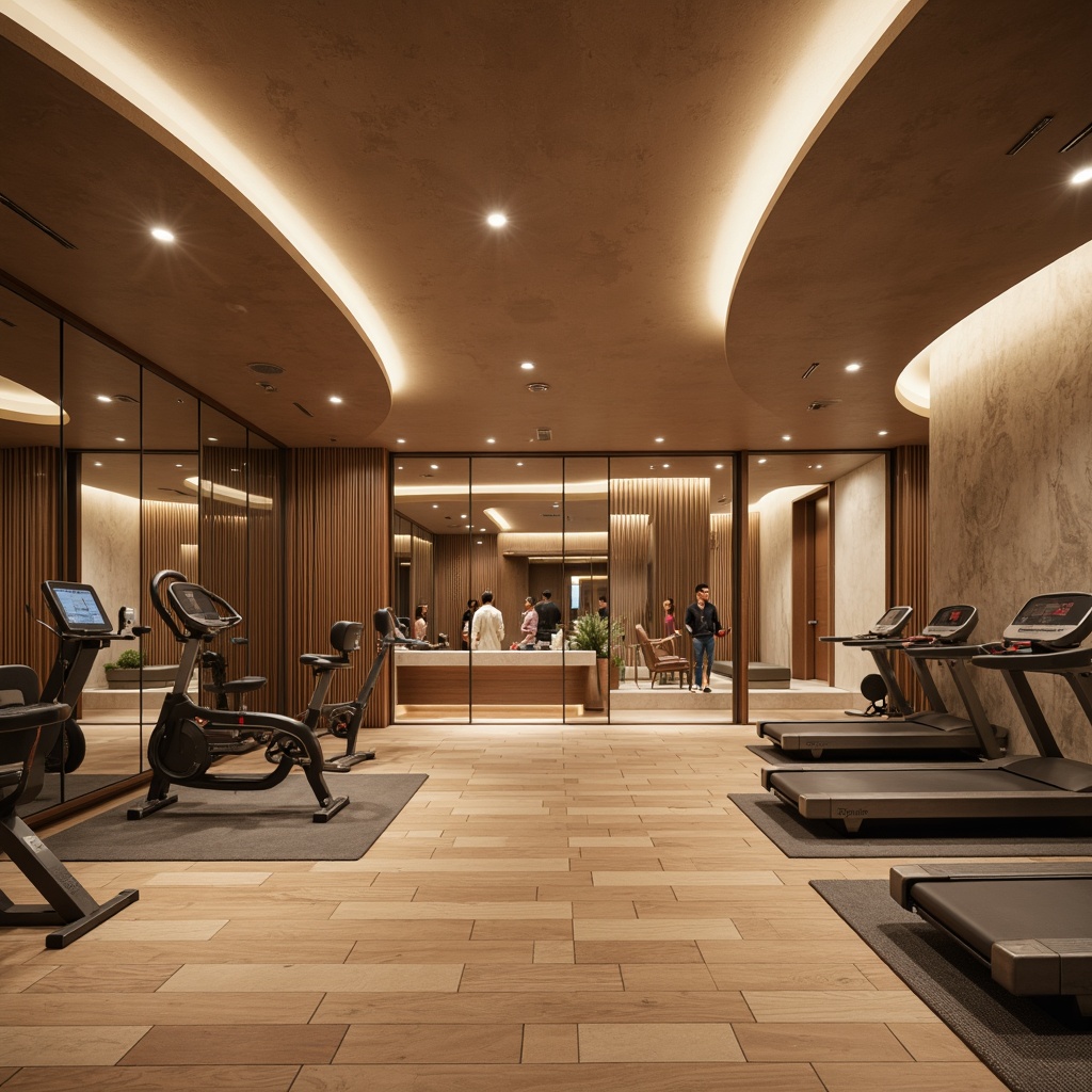 Prompt: Elegant fitness club interior, flowing curved lines, minimalist decor, modern workout equipment, free weights, treadmills, exercise bikes, mirrored walls, polished wooden floors, soft warm lighting, natural stone accents, luxurious locker rooms, spacious shower areas, calming color scheme, serene ambiance, 3/4 composition, shallow depth of field, realistic textures, ambient occlusion.