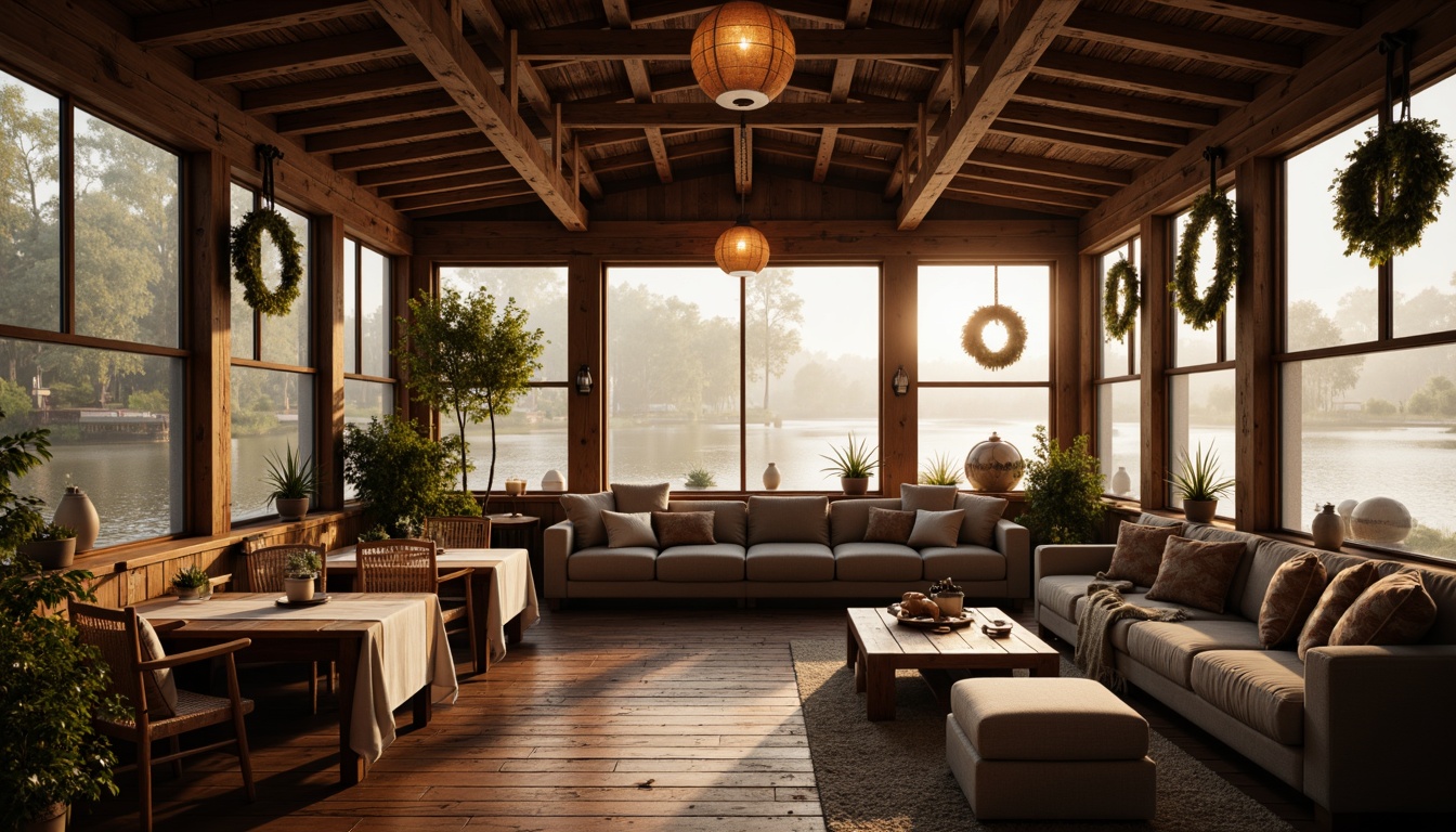 Prompt: Cozy boathouse interior, rustic wooden accents, nautical decorations, warm candlelight, soft lanterns, vintage pendant lamps, distressed wood beams, earthy color palette, natural textiles, woven baskets, lake-inspired accessories, serene water views, misty morning light, golden hour glow, shallow depth of field, 1/2 composition, warm color temperature, soft focus, realistic textures.