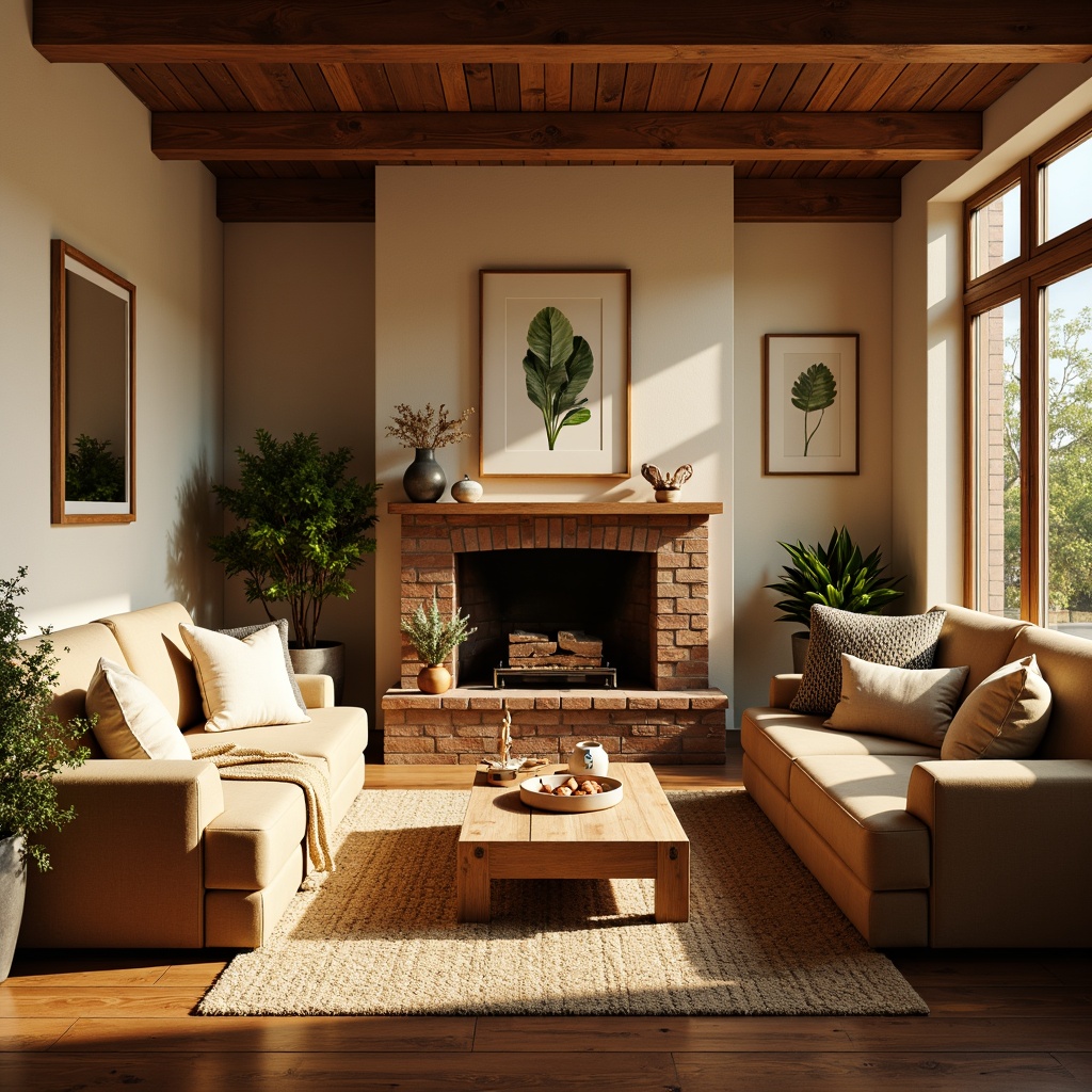 Prompt: Cozy living room, warm beige walls, rich walnut wood furniture, plush velvet sofas, soft golden lighting, rustic brick fireplace, earthy terracotta flooring, natural woven textiles, organic botanical patterns, calming greenery, sunny afternoon, gentle warm glow, 1/2 composition, intimate atmosphere, realistic renderings, ambient occlusion.