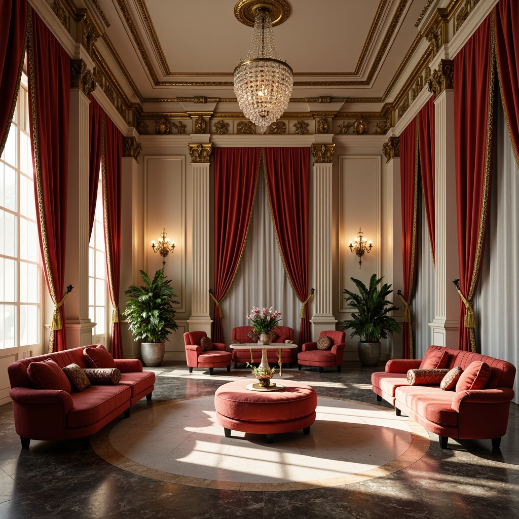 Prompt: Opulent neoclassical interior, ornate furnishings, curved silhouettes, gilded accents, velvet upholstery, tufted ottomans, marble floors, crystal chandeliers, intricate moldings, regal color palette, lavish drapery, stately columns, grand proportions, symmetrical composition, soft warm lighting, subtle shadows, 1/1 perspective, realistic textures, ambient occlusion.