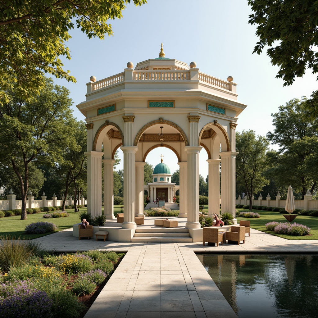 Prompt: Elegant pavilion, soft cream walls, ornate golden accents, subtle turquoise highlights, rich brown wood tones, lush greenery surroundings, serene lake reflections, warm afternoon sunlight, shallow depth of field, 3/4 composition, symmetrical architecture, classical columns, ornate moldings, intricate carvings, refined details, realistic textures, ambient occlusion.