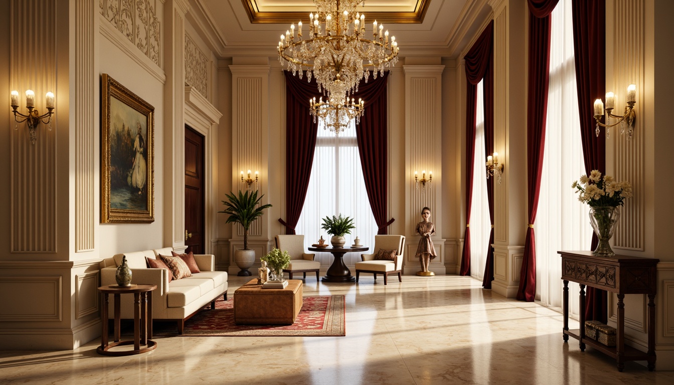 Prompt: Elegant neoclassical interior, ornate chandeliers, crystal droplets, soft warm lighting, golden accents, creamy marble floors, intricately carved wooden paneling, rich velvet drapes, stately columns, refined architectural details, subtle shadowing, 1/1 composition, realistic textures, ambient occlusion, warm color palette, classic furniture pieces, luxurious fabrics, subtle gradient effects.