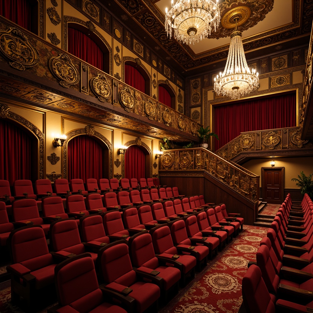 Prompt: Ornate cinema interior, Victorian-era inspired d\u00e9cor, plush red velvet seats, gold accents, intricate carvings, crystal chandeliers, luxurious fabrics, ornamental mirrors, grand staircase, regal balcony seating, intimate private boxes, crimson curtains, warm golden lighting, soft focus, shallow depth of field, 1/2 composition, dramatic shadows, realistic textures, ambient occlusion.