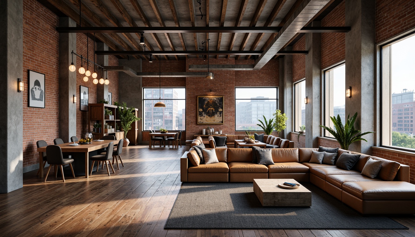 Prompt: Exposed brick walls, industrial metal beams, reclaimed wooden floors, vintage factory lighting, distressed leather sofas, metallic accents, Edison bulb chandeliers, minimalist coffee tables, modern art pieces, urban cityscape views, concrete columns, steel windows, neutral color palette, high ceilings, open floor plans, eclectic decorative items, rustic wooden shelves, functional modular furniture, task lamps, industrial-style pendant lights, abstract geometric patterns.