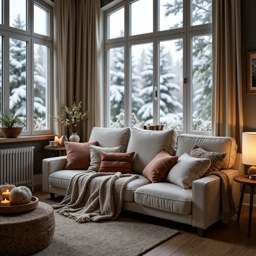 Prompt: Cozy living room, plush throw blankets, soft velvet pillows, natural linen fabrics, woven wool rugs, minimalistic wooden furniture, Nordic-inspired patterns, earthy color palette, warm candlelight, large windows, snow-covered pine trees, frosty winter morning, shallow depth of field, 1/1 composition, realistic textures, ambient occlusion.Please let me know if this meets your requirements or if you need further adjustments!