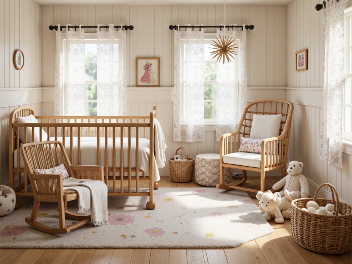 Prompt: Whimsical baby nursery, vintage wooden cribs, soft pastel colors, floral patterns, delicate lace curtains, plush stuffed animals, rattan rocking chairs, woven baskets, natural wood flooring, creamy white walls, distressed finishes, warm cozy lighting, shallow depth of field, 1/1 composition, intimate atmosphere, realistic textures, ambient occlusion.Please let me know if this meets your expectations or if you need further adjustments!