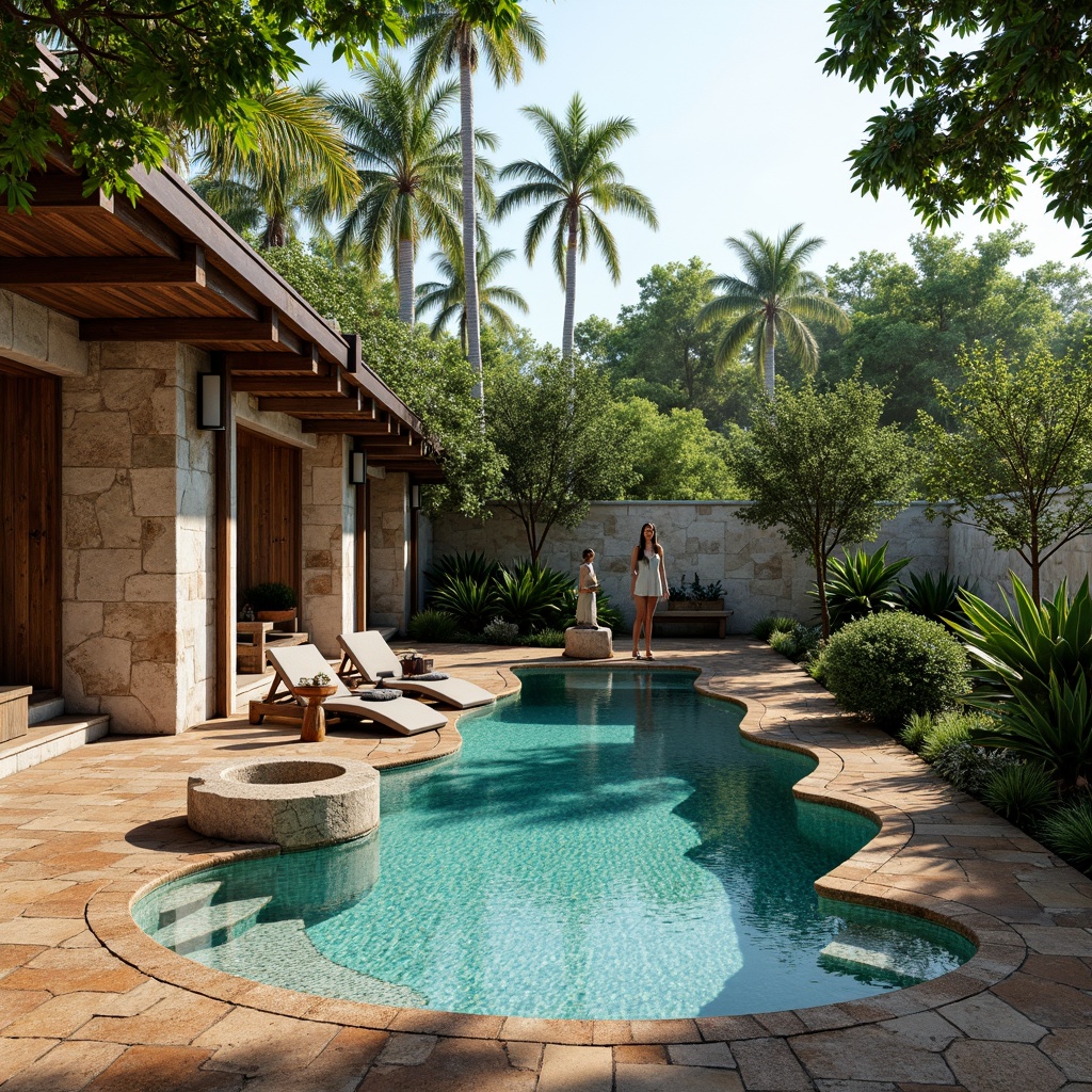 Prompt: Rustic swimming pool, natural stone walls, rough-hewn wooden decks, earthy brown tiles, mosaic patterns, turquoise water, lush greenery, tropical plants, palm trees, sun-kissed day, warm soft lighting, shallow depth of field, 3/4 composition, panoramic view, realistic textures, ambient occlusion, weathered wood accents, distressed metal fittings, earth-toned ceramics, natural rock formations, waterfall features, misting systems, free-form pool shapes.