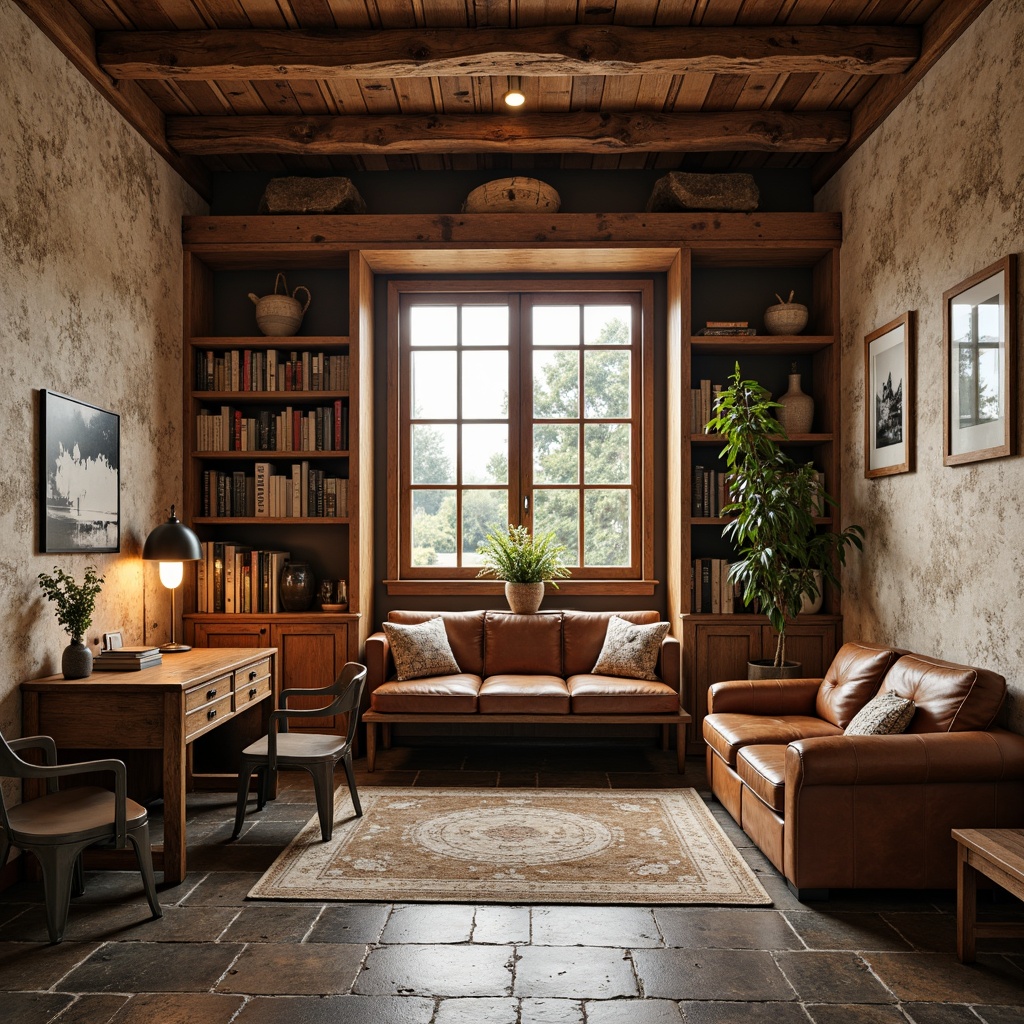 Prompt: Rustic wooden desk, vintage metal chairs, distressed leather sofa, reclaimed wood shelves, earthy tone walls, natural stone flooring, wooden beam ceiling, cozy reading nook, soft warm lighting, shallow depth of field, 3/4 composition, panoramic view, realistic textures, ambient occlusion.