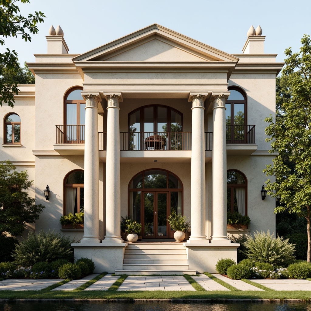 Prompt: Elegant residential facade, grand entrance columns, ornate capitals, fluted shafts, classical pediments, symmetrical composition, limestone cladding, cream-colored walls, decorative cornices, arched windows, Juliet balconies, French doors, formal gardens, manicured lawns, tranquil water features, soft golden lighting, shallow depth of field, 1/2 composition, realistic textures, ambient occlusion.Let me know if this meets your requirements!