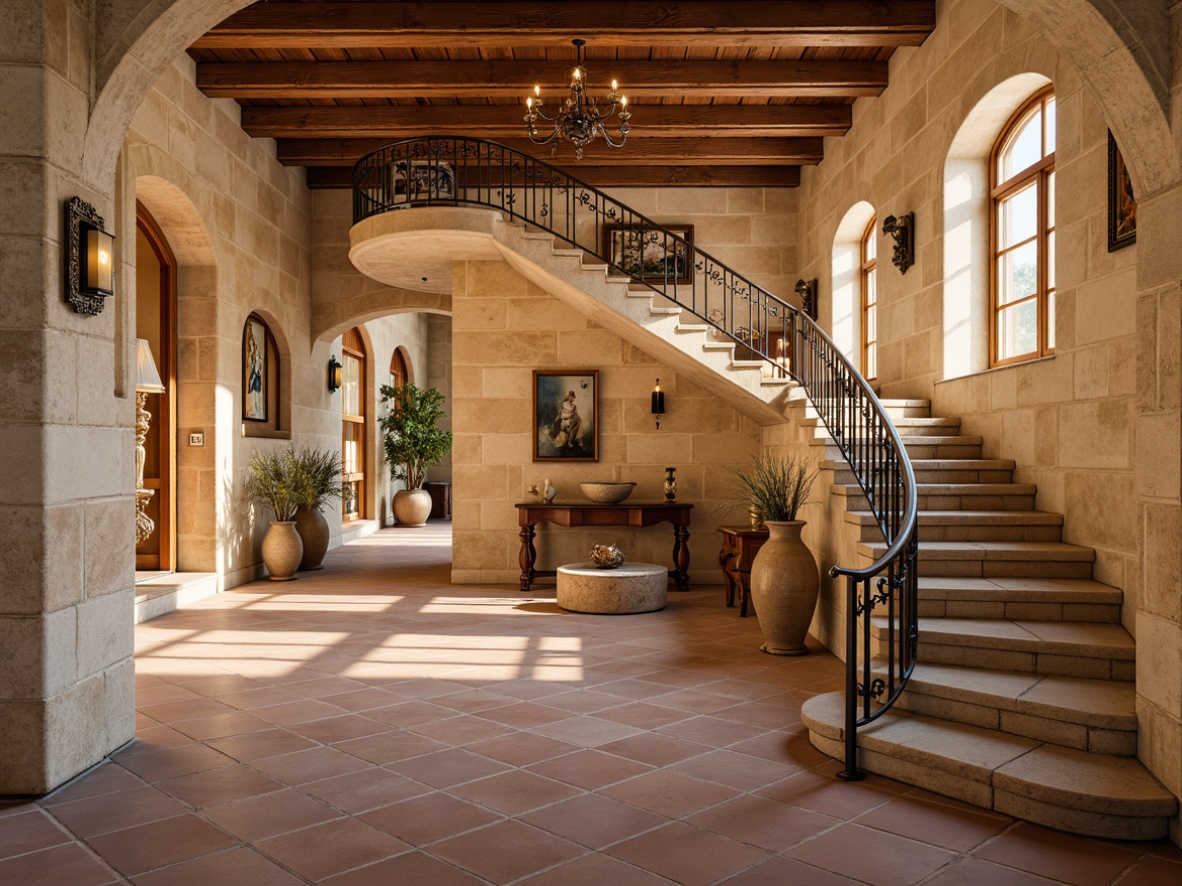 Prompt: Warm beige stone walls, curved staircase with ornate iron railings, decorative metal balusters, wooden handrails with intricate carvings, terra cotta tile flooring, rustic wooden ceiling beams, natural stone column supports, grand chandelier lighting, soft warm glow, shallow depth of field, 1/2 composition, realistic textures, ambient occlusion.