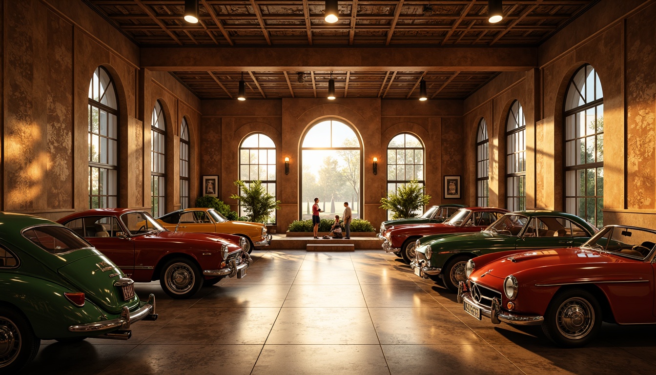 Prompt: Art Deco family garage, ornate metalwork, luxurious finishes, bold geometric patterns, warm golden lighting, softbox lights, dramatic spotlights, symmetrical composition, 2/3 camera angle, shallow depth of field, realistic textures, ambient occlusion, vintage car displays, rich wood tones, polished chrome accents, lavish furnishings, opulent decor, sunlit afternoon, subtle shadows, moody atmosphere.