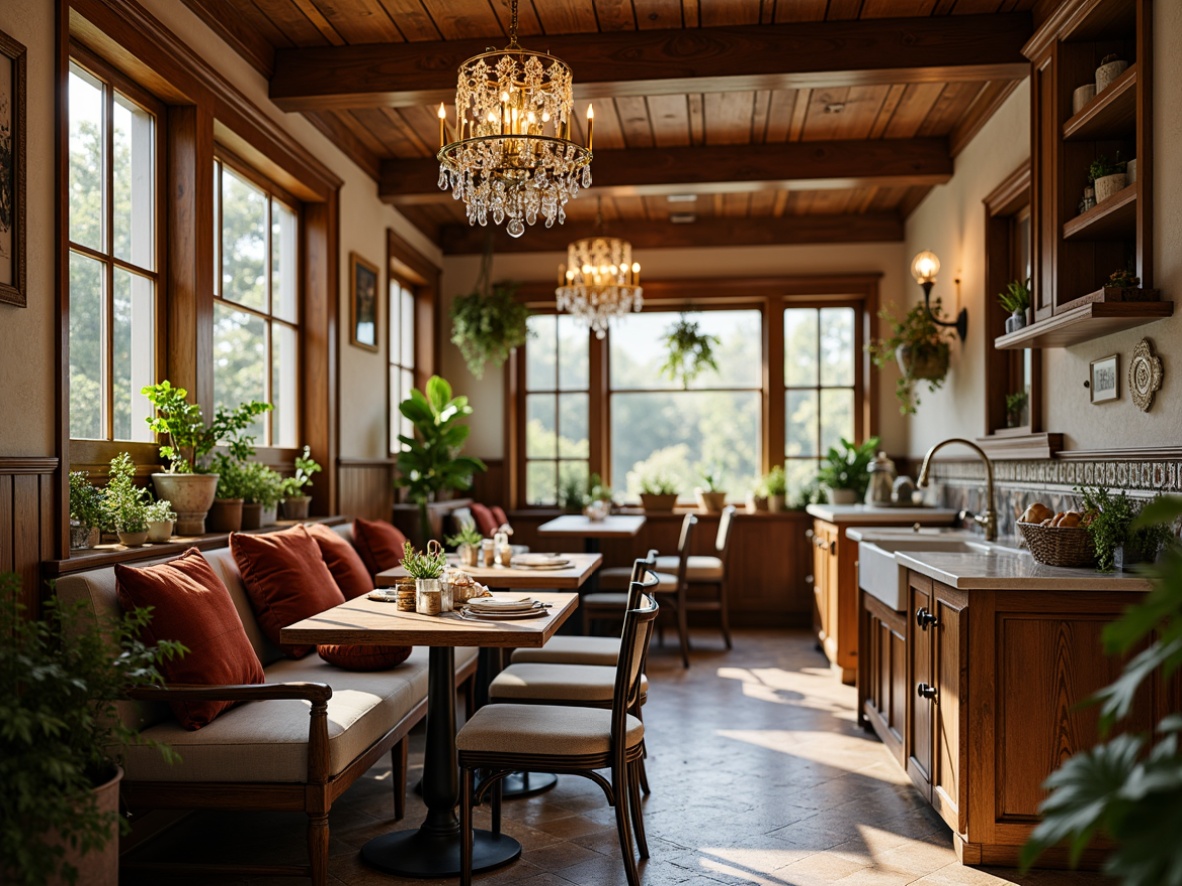 Prompt: Cozy breakfast nook, rich wood tones, ornate carvings, plush velvet cushions, golden hardware accents, elegant crystal chandeliers, soft morning light, warm beige walls, decorative tile backsplashes, farmhouse-style sink, distressed wooden tables, comfortable linen upholstery, vintage-inspired metal chairs, lush greenery, natural stone floors, rustic wooden beams, intimate ambiance, shallow depth of field, 1/1 composition, warm color palette.