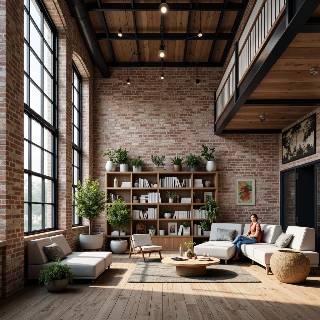 Prompt: Industrial-chic loft interior, exposed brick walls, metallic accents, reclaimed wood floors, minimalist decor, neutral color palette, creamy whites, warm grays, rich woods, deep blues, earthy tones, natural textiles, woven baskets, Edison bulbs, industrial-style lighting, open shelving, metal beams, urban aesthetic, modern academic vibe, cozy reading nooks, comfortable seating areas, abundant natural light, softbox lighting, shallow depth of field, 3/4 composition, realistic textures, ambient occlusion.