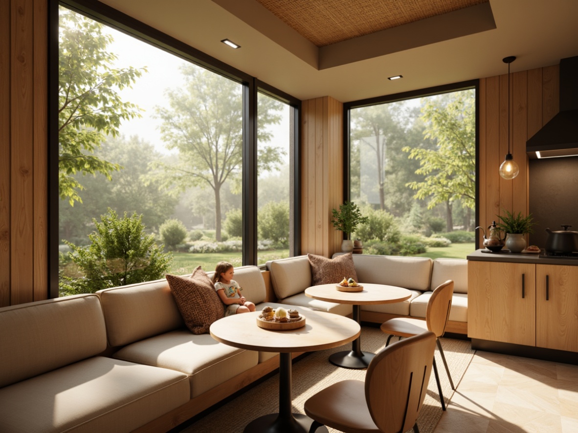 Prompt: Cozy breakfast nook, warm beige tones, natural wood accents, soft cushions, built-in banquettes, circular tables, pendant lighting, greenery views, sunny morning, shallow depth of field, 1/1 composition, intimate atmosphere, modern appliances, sleek countertops, minimalist decor, earthy color palette.