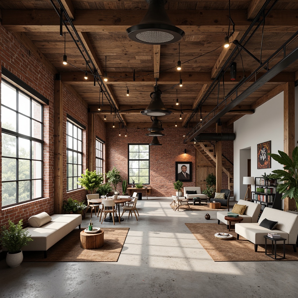 Prompt: Exposed brick walls, reclaimed wood accents, industrial metal beams, open floor plans, minimalist decor, modern pendant lighting, eclectic furniture mix, vintage decorative items, concrete floors, urban loft atmosphere, abundant natural light, airy spaciousness, 3/4 composition, shallow depth of field, warm soft lighting, realistic textures, ambient occlusion.