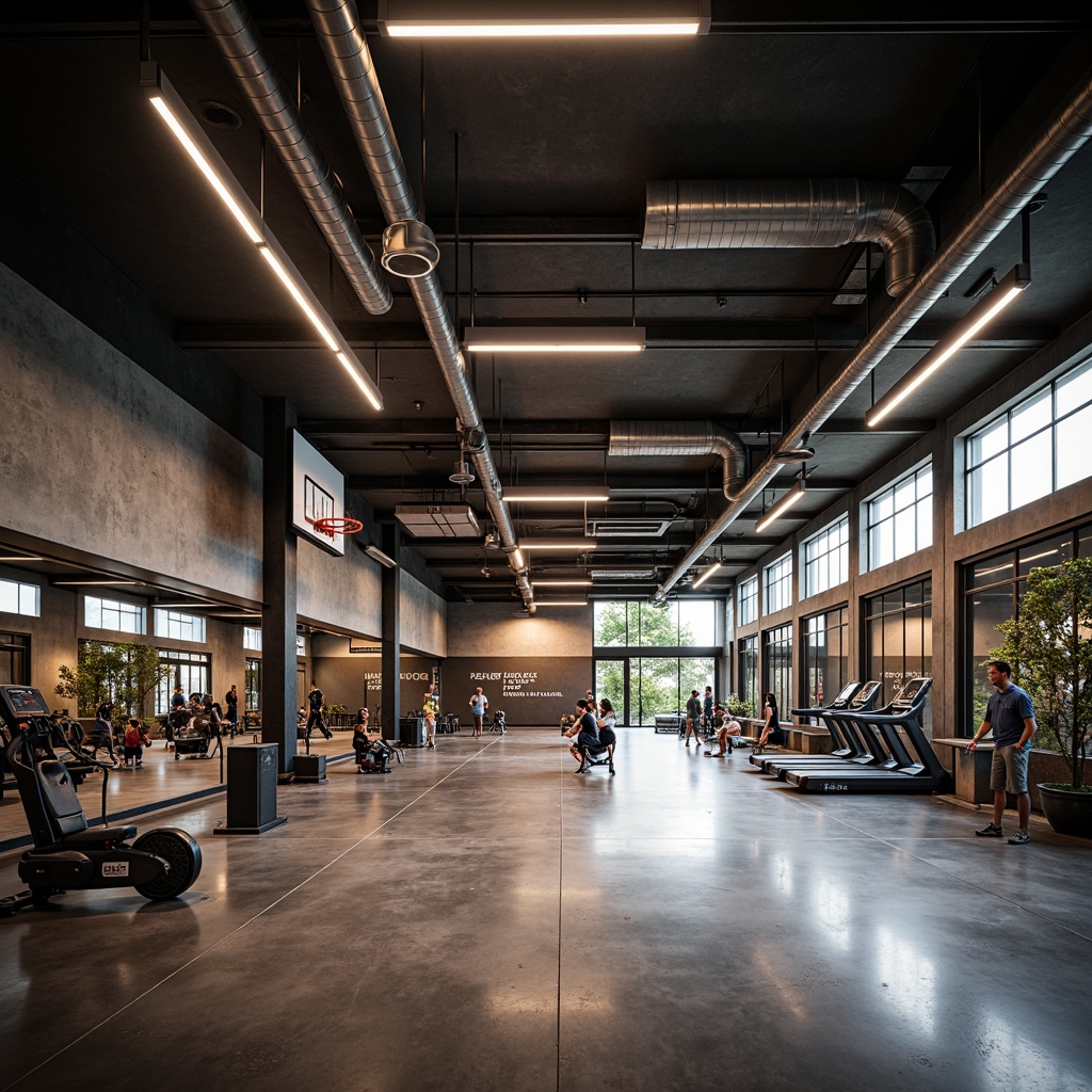 Prompt: Modern gymnasium interior, high ceilings, exposed ductwork, polished concrete floors, metallic beams, industrial-style lighting fixtures, suspended LED strips, warm color temperature, dramatic shadows, athletic equipment, basketball hoops, treadmills, exercise machines, mirrored walls, motivational quotes, urban loft atmosphere, softbox lighting, 1/2 composition, medium depth of field, realistic reflections.