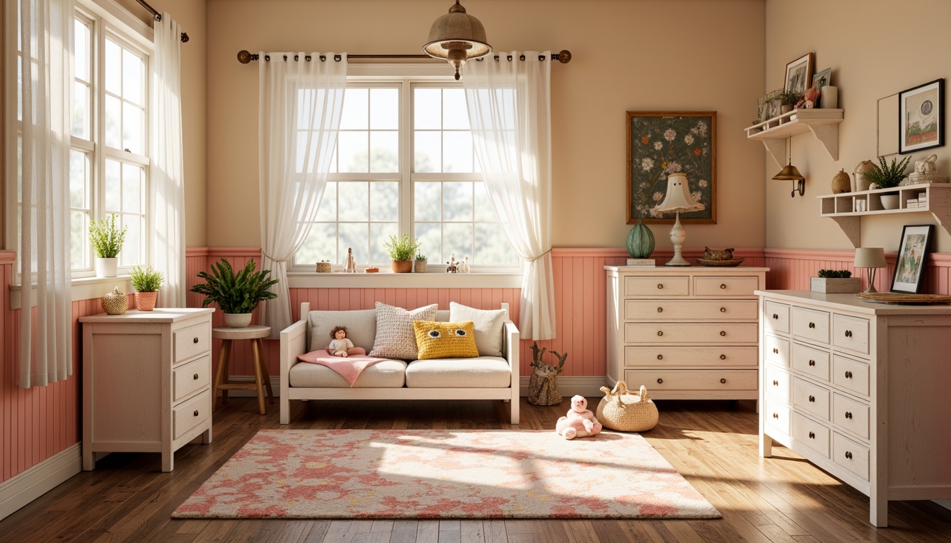 Prompt: Whimsical kids' room, vernacular style, warm beige walls, soft peach accents, creamy white furniture, distressed wood textures, vintage decor items, colorful rug patterns, playful polka dots, sweet pastel hues, natural light pouring in, sheer curtains, rustic wooden floorboards, cozy reading nook, plush toys scattered around, joyful atmosphere, shallow depth of field, 1/1 composition, warm soft lighting, inviting textures.