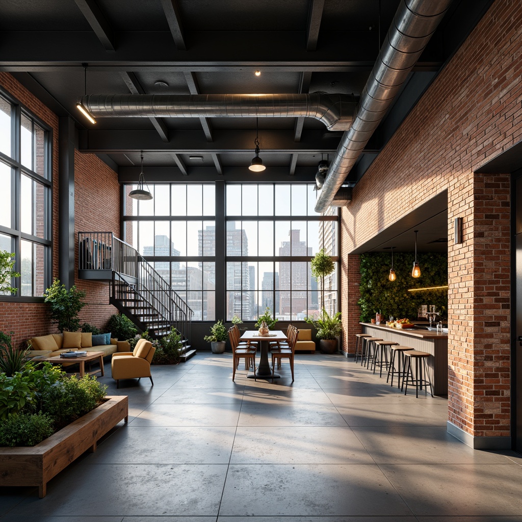 Prompt: Industrial chic open space, exposed brick walls, metal beams, polished concrete floors, minimalist decor, functional furniture, urban loft vibe, high ceilings, large windows, natural light, cityscape views, steel staircase, reclaimed wood accents, Edison bulb lighting, modern kitchenette, stainless steel appliances, communal seating areas, lush greenery, living walls, industrial-style lighting fixtures, 3/4 composition, shallow depth of field, soft warm lighting, realistic textures.