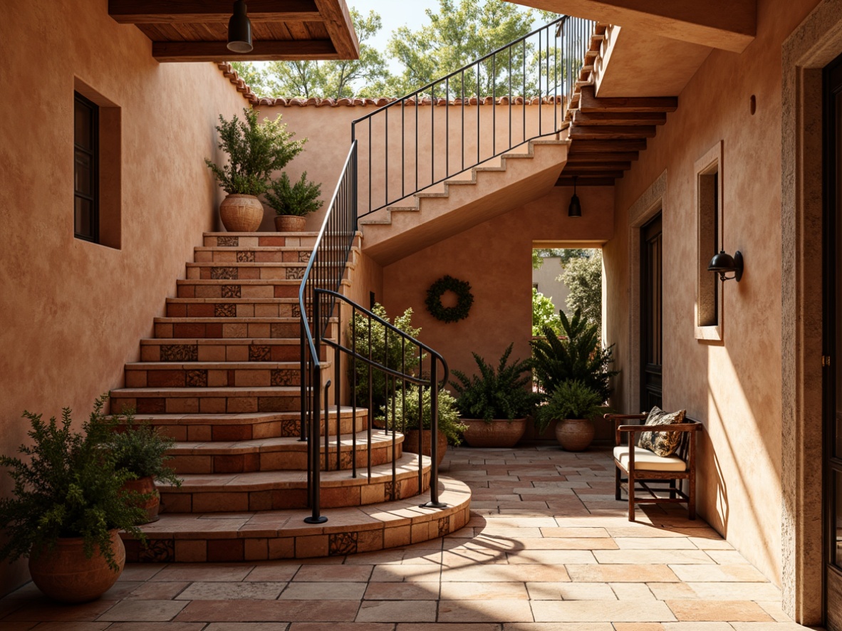 Prompt: Mediterranean-style staircase, intricately patterned tiles, warm earthy tones, terracotta hues, handmade ceramics, rustic textures, natural stone walls, wrought iron railings, ornate metalwork, sun-kissed landings, soft warm lighting, shallow depth of field, 3/4 composition, panoramic view, realistic textures, ambient occlusion.