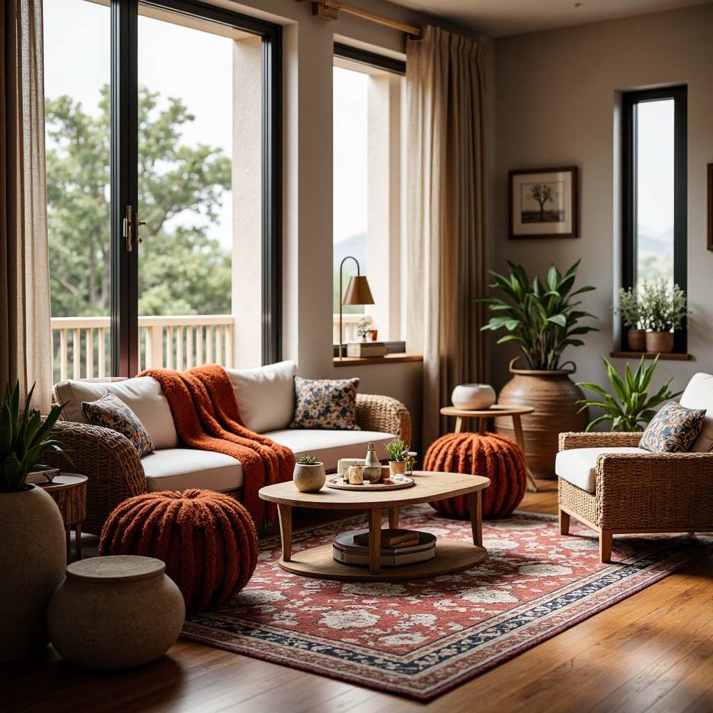 Prompt: Cozy living room, plush throw blankets, soft velvety sofas, vibrant colorful pillows, intricate geometric patterns, Moroccan-inspired tiles, warm wooden floors, modern minimalist furniture, floor-to-ceiling windows, natural daylight, sheer curtains, ambient lighting, shallow depth of field, 3/4 composition, realistic textures, rustic wood accents, woven baskets, potted plants, soft warm atmosphere.