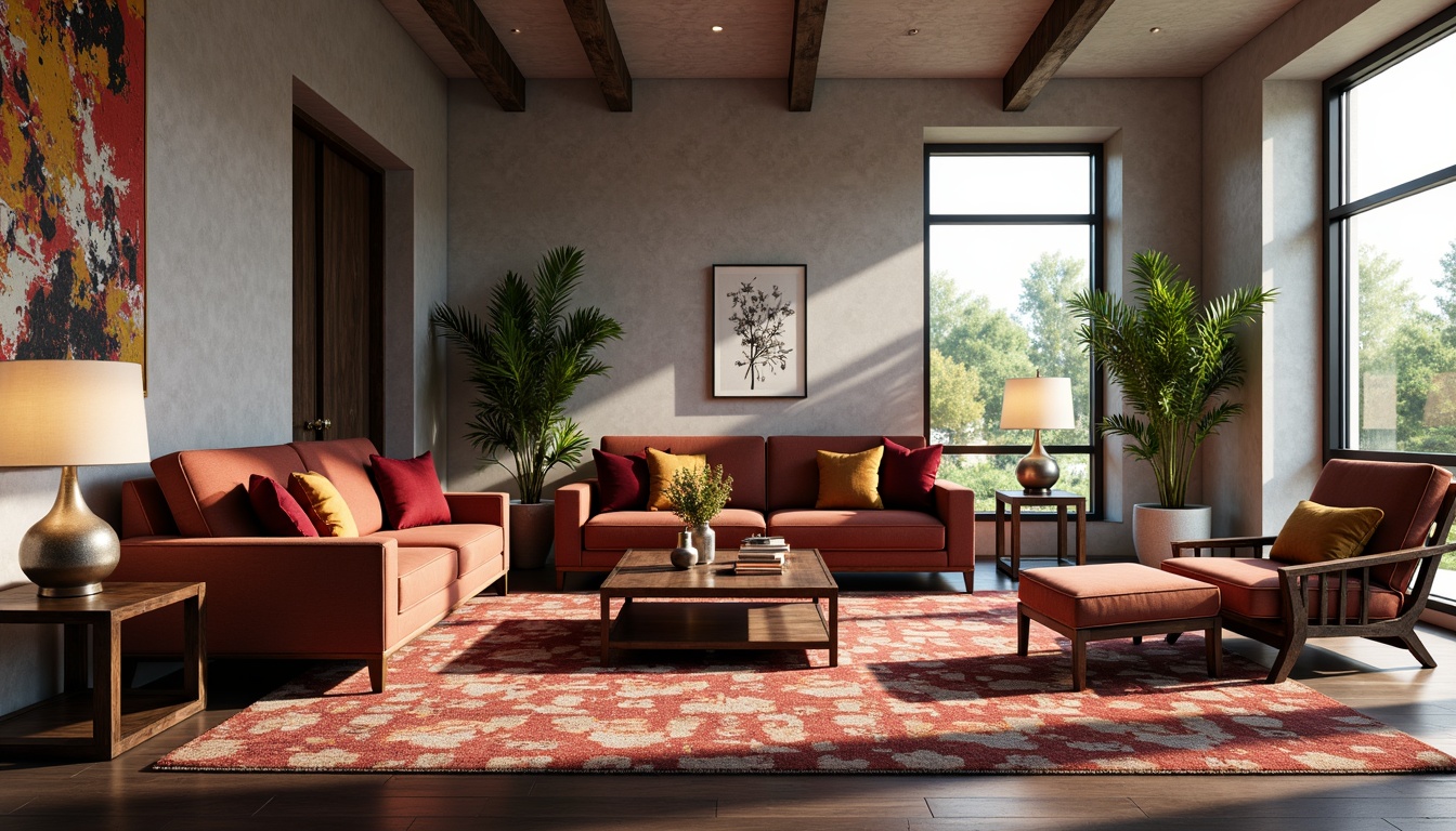 Prompt: Elegant living room, luxurious velvet sofas, ornate wooden coffee tables, refined metal lamps, sophisticated glass vases, vibrant colorful rugs, textured throw pillows, statement artwork, floor-to-ceiling windows, natural daylight, soft warm ambiance, 1/1 composition, shallow depth of field, realistic renderings, ambient occlusion.