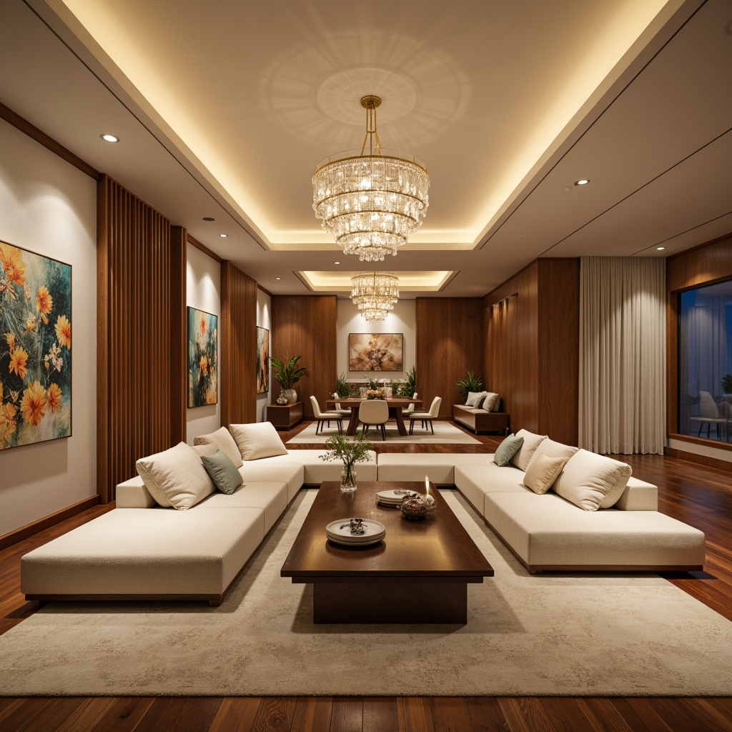 Prompt: Luxurious living room, warm beige walls, rich walnut wood flooring, plush cream-colored sofas, modern minimalist coffee table, elegant crystal chandelier, soft golden lighting, 3/4 composition, shallow depth of field, realistic textures, ambient occlusion.