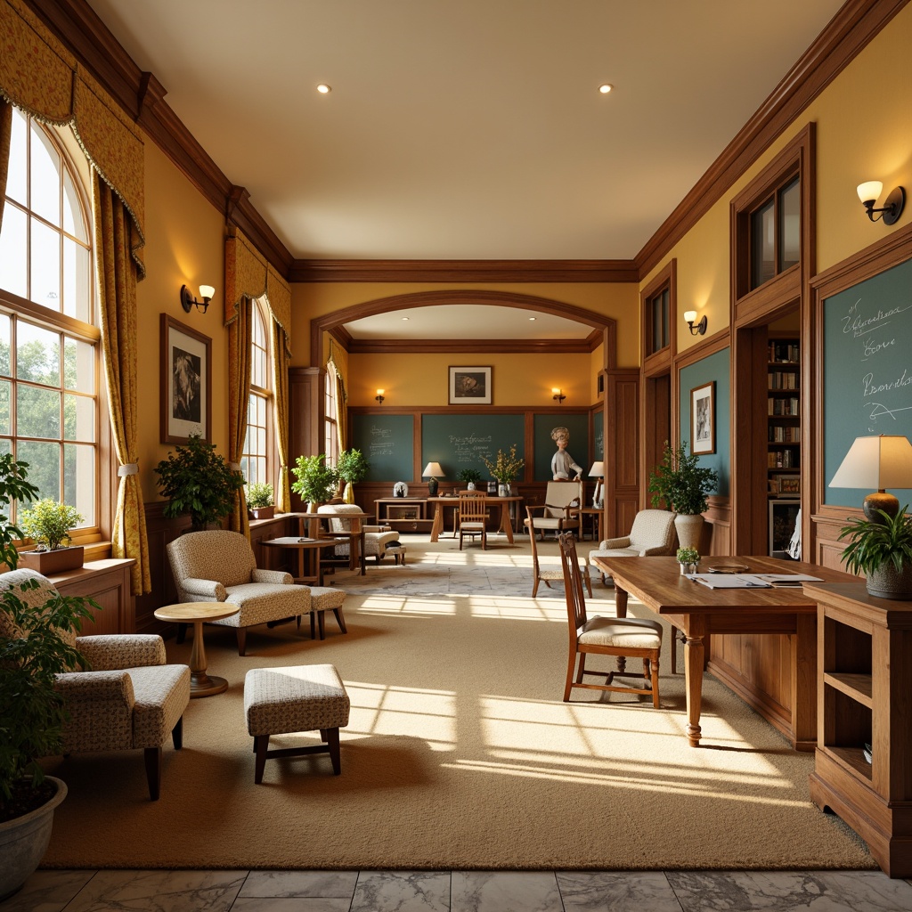 Prompt: Warm beige walls, rich wood accents, classic wooden furniture, comfortable plush carpets, soft cream-colored ceilings, vibrant blue and yellow accent colors, traditional chalkboards, cozy reading nooks, natural stone flooring, elegant crown molding, warm golden lighting, shallow depth of field, 1/1 composition, realistic textures, ambient occlusion.