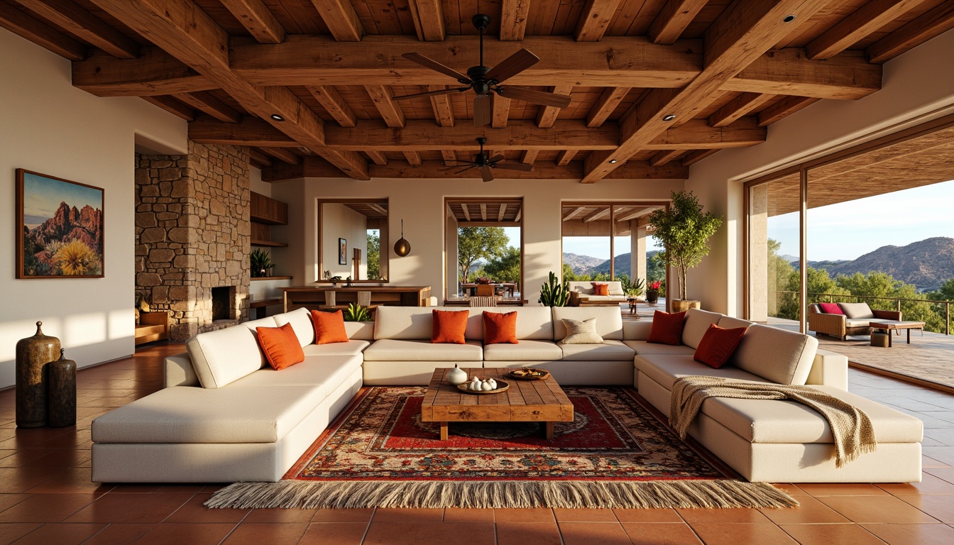 Prompt: Southwestern great room, open floor plan, high ceilings, wooden beams, earthy tones, natural stone walls, warm terracotta flooring, plush area rugs, comfortable sectional sofas, vibrant colorful throw pillows, rustic wooden coffee tables, floor-to-ceiling windows, sliding glass doors, panoramic desert views, sunny afternoon, soft warm lighting, shallow depth of field, 3/4 composition, realistic textures, ambient occlusion.