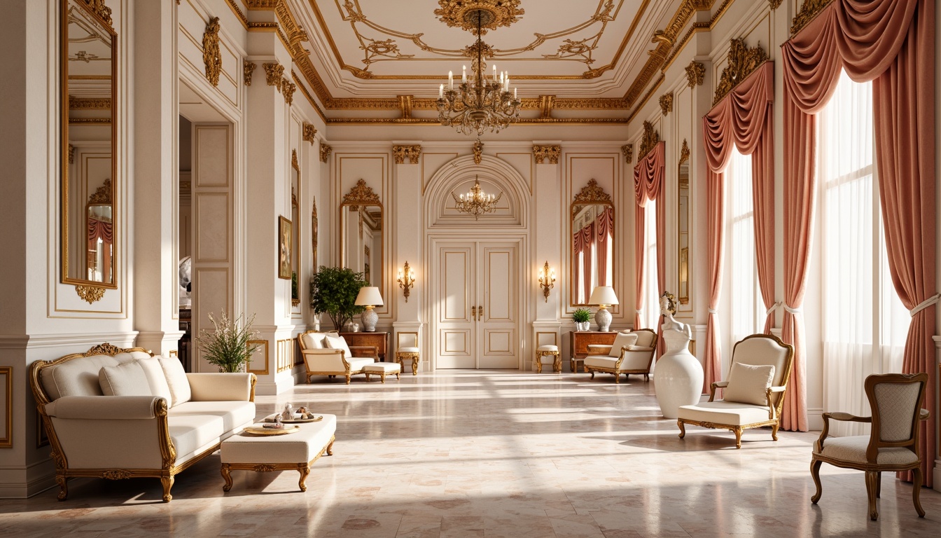 Prompt: Opulent palace interior, lavish furnishings, intricate carvings, gilded ornaments, soft warm lighting, pastel hues, pale pink walls, creamy white marble, rich gold accents, velvety drapes, ornate mirrors, delicate porcelain vases, natural silk fabrics, subtle sheen, romantic ambiance, whimsical patterns, flowing curves, airy atmosphere, gentle color gradations, harmonious contrast, 1/2 composition, soft focus, warm color temperature.