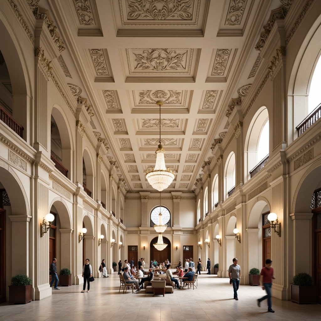 Prompt: Grand community center, neoclassical architecture, ornate ceiling design, intricately molded plaster, elegant chandeliers, symmetrical composition, high ceilings, decorative columns, arches, ornamental cornices, neutral color palette, soft warm lighting, subtle texture details, 1/1 composition, realistic rendering, ambient occlusion.