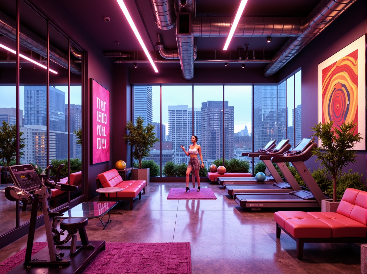 Prompt: Vibrant neon colors, eclectic mix of furniture, bold abstract art pieces, mirrored walls, polished concrete floors, industrial chic lighting fixtures, postmodern architectural design, futuristic home gym equipment, sleek treadmills, high-tech exercise bikes, modern strength training machines, free weights, kettlebells, medicine balls, yoga mats, floor-to-ceiling windows, natural sunlight, urban cityscape views, trendy minimalistic decor, metallic accents, bold color blocking, 1/2 composition, softbox lighting, shallow depth of field.