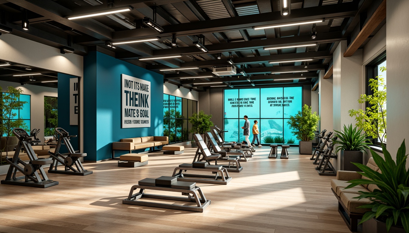 Prompt: Vibrant fitness studio, energetic atmosphere, motivational quotes, sleek metal equipment, bold color blocks, dynamic lighting, high-contrast shadows, polished wooden floors, modern minimalist design, angular lines, inspirational typography, calming blue accents, invigorating green hues, warm beige tones, soft ambient glow, shallow depth of field, 1/1 composition, realistic textures, subtle gradient effects.