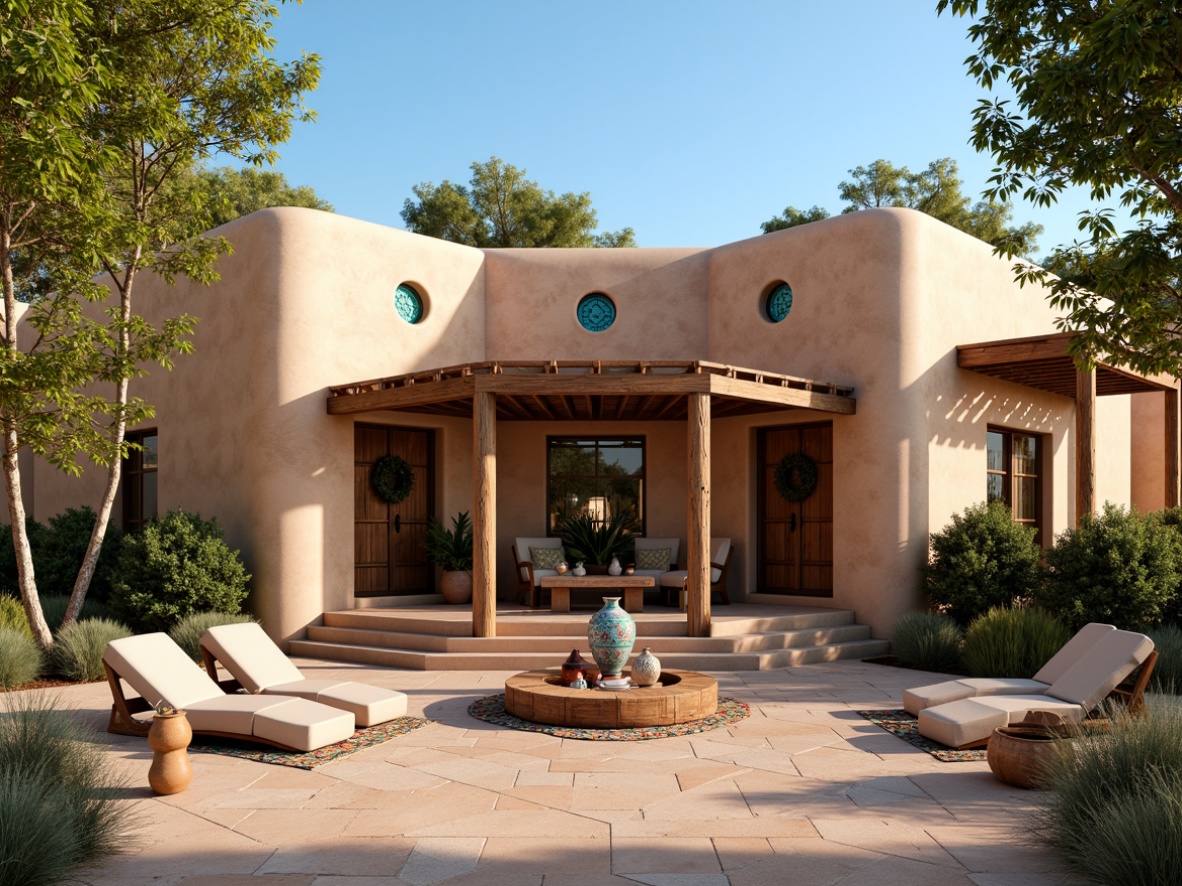 Prompt: Earth-toned stucco exterior, curved adobe walls, rustic wooden doors, ornate ironwork accents, vibrant turquoise decorations, terracotta roof tiles, clay pottery embellishments, natural stone flooring, woven fiber rugs, warm beige interior color scheme, carved wooden furniture, geometric patterned textiles, colorful ceramic vases, lush greenery surroundings, arid desert landscape, clear blue sky, strong sunlight, dramatic shadows, low-angle photography, 1/2 composition, rustic textures, ambient occlusion.