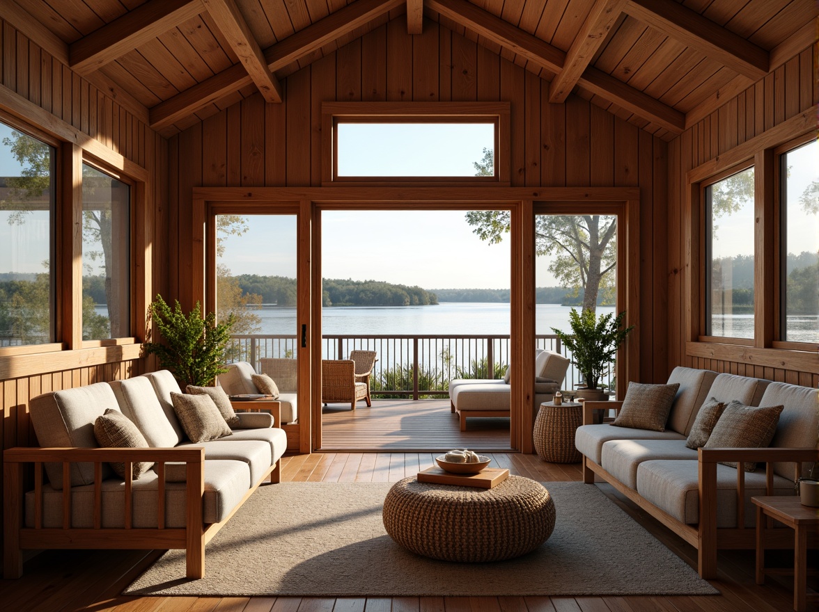 Prompt: Cozy boathouse interior, warm wooden accents, nautical decor, large windows, sliding glass doors, natural light pouring in, soft reflections on water, serene lake views, rustic wooden beams, comfortable lounge seating, plush cushions, woven textiles, earthy color palette, organic shapes, minimal ornamentation, functional simplicity, cozy reading nooks, warm ambient lighting, shallow depth of field, 1/1 composition, soft focus, realistic wood textures, subtle water reflections.