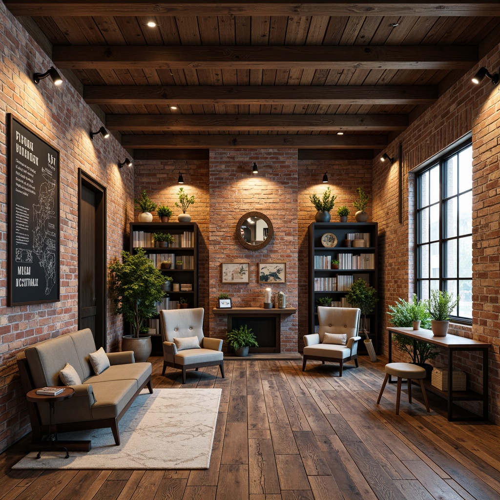 Prompt: Exposed brick walls, distressed wooden accents, metal beams, industrial chic lighting, reclaimed wood flooring, modern minimalist furniture, urban loft atmosphere, academic decor, vintage maps, blackboards, metal shelving units, eclectic art pieces, cozy reading nooks, natural textiles, warm color palette, softbox lighting, 1/2 composition, atmospheric perspective, realistic textures, subtle ambient occlusion.