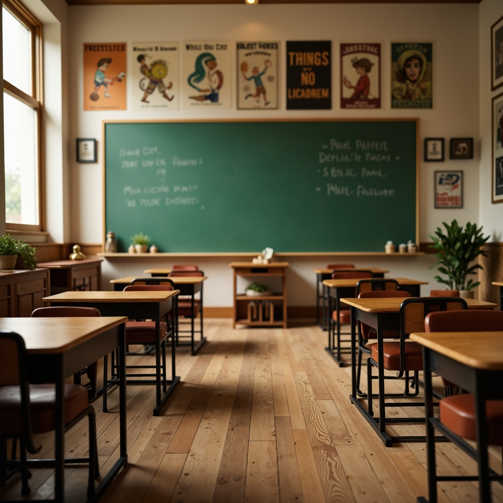 Prompt: Traditional classroom setting, wooden desks, green chalkboard, vintage educational posters, comfortable cushioned chairs, natural wood flooring, warm beige walls, softbox lighting, shallow depth of field, 1/2 composition, realistic textures, ambient occlusion, nostalgic color palette, classic school furniture, ornate metal legs, rich leather upholstery, elegant curves, sophisticated carvings.