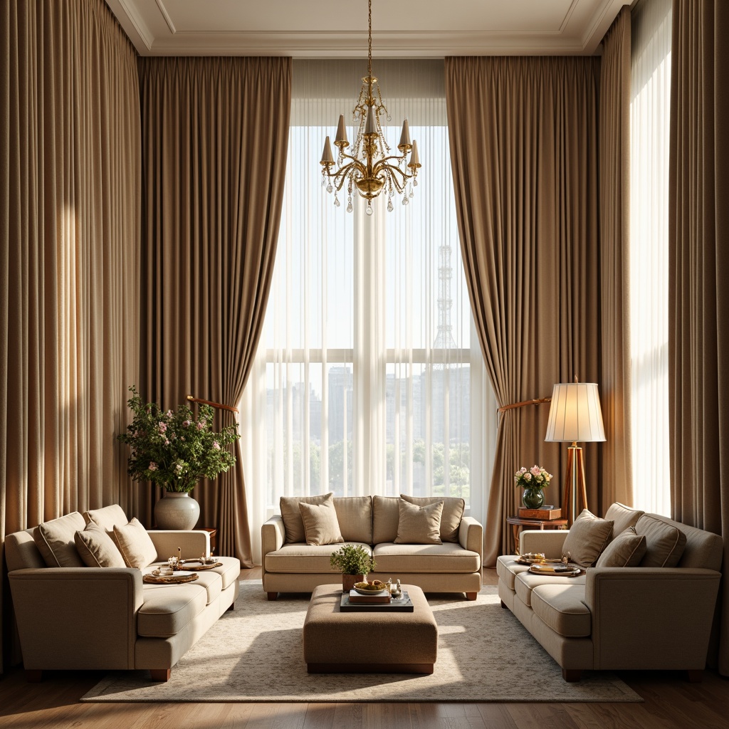 Prompt: Luxurious velvet drapes, soft silk fabrics, elegant linen textures, floor-to-ceiling windows, natural light pouring in, warm beige tones, sophisticated interior design, upscale living room, plush couches, ornate wooden furniture, intricate carvings, golden accents, crystal chandeliers, ambient warm lighting, shallow depth of field, 1/1 composition, realistic fabrics, subtle shading.