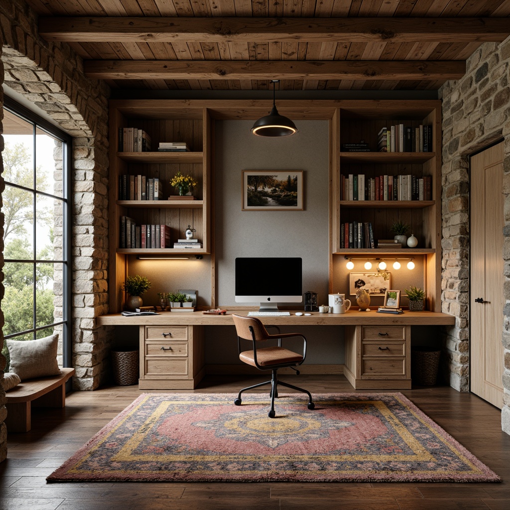 Prompt: Cozy rustic home office, wooden desk, vintage metal chair, earthy color palette, natural stone walls, reclaimed wood shelves, warm candle lighting, plush area rug, comfortable reading nook, floor-to-ceiling bookcases, industrial-style metal decor, distressed wood accents, modern minimalist computer setup, ergonomic keyboard tray, built-in storage cabinets, task lamp, softbox lighting, 1/2 composition, shallow depth of field, natural textures, realistic shadows.