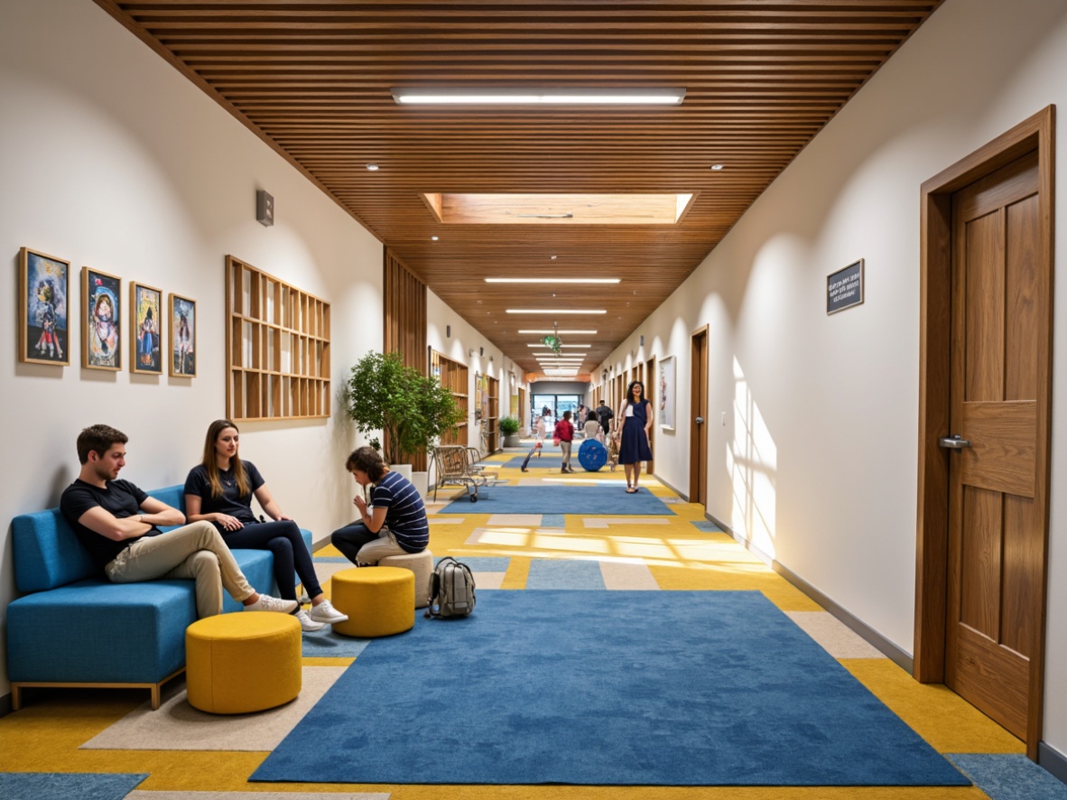 Prompt: Vibrant student halls, youthful energy, bold color scheme, energetic corridors, playful communal spaces, lively gathering areas, comfortable private rooms, natural wood accents, bright whites, deep blues, warm yellows, cozy textiles, inviting atmosphere, modern furniture design, functional layouts, abundant natural light, soft warm lighting, relaxed ambiance, calming color tones, soothing wall art, dynamic patterns, eclectic decorative elements, 1/2 composition, shallow depth of field, realistic textures.