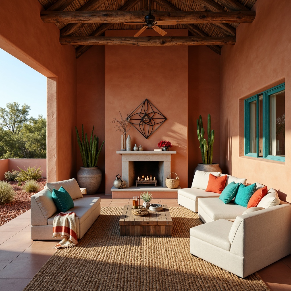 Prompt: Southwestern great room, earthy color palette, warm terracotta walls, rich turquoise accents, creamy white furniture, natural woven textiles, distressed wood beams, rustic metal decor, vibrant red and orange hues, desert botanicals, cacti and succulents, sunny afternoon light, soft shadows, 1/1 composition, shallow depth of field, realistic textures, ambient occlusion.