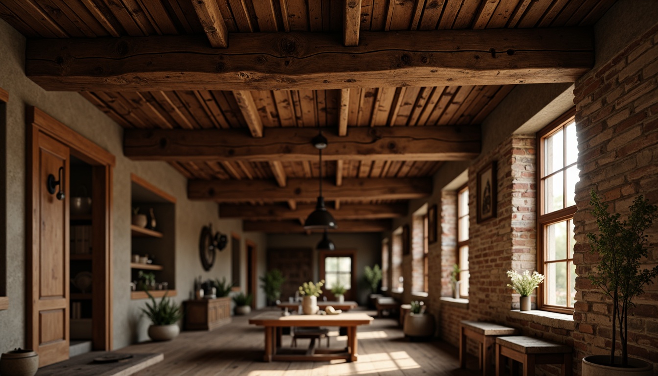 Prompt: Rustic wooden beams, distressed textures, earthy tones, natural materials, cozy atmosphere, warm lighting, traditional craftsmanship, exposed ceilings, industrial chic, vintage decor, reclaimed wood, rich brown colors, ornate carvings, classic architecture, nostalgic feel, soft focus, shallow depth of field, 2/3 composition, realistic render.