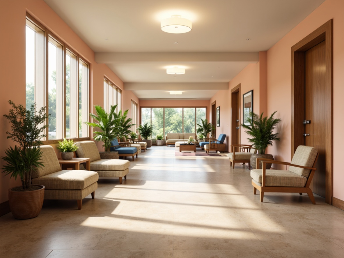 Prompt: Calming hospital corridors, soft peach walls, warm beige floors, natural wood accents, comfortable waiting areas, plush sofas, vibrant green plants, gentle LED lighting, minimalist decor, soothing color palette, serene atmosphere, healing environment, large windows, abundant natural light, bright yellow nurse stations, calming blue patient rooms, wooden furniture, soft cushioned chairs, subtle patterned rugs, 3/4 composition, shallow depth of field, realistic textures, ambient occlusion.