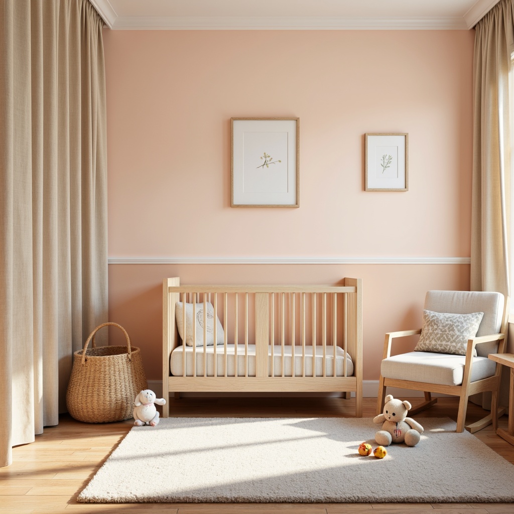 Prompt: Soft peach walls, creamy whites, light gray accents, natural wood furniture, minimalist crib, plush area rug, subtle texture patterns, warm beige curtains, gentle morning sunlight, softbox lighting, shallow depth of field, 1/1 composition, serene atmosphere, calm color tones, cozy reading nook, simple decorative frames, pastel-colored toys, gentle fabric textures.This prompt word includes the main subject (baby room), its style (minimalism), features (color palette, furniture, textiles), and settings (lighting, atmosphere).