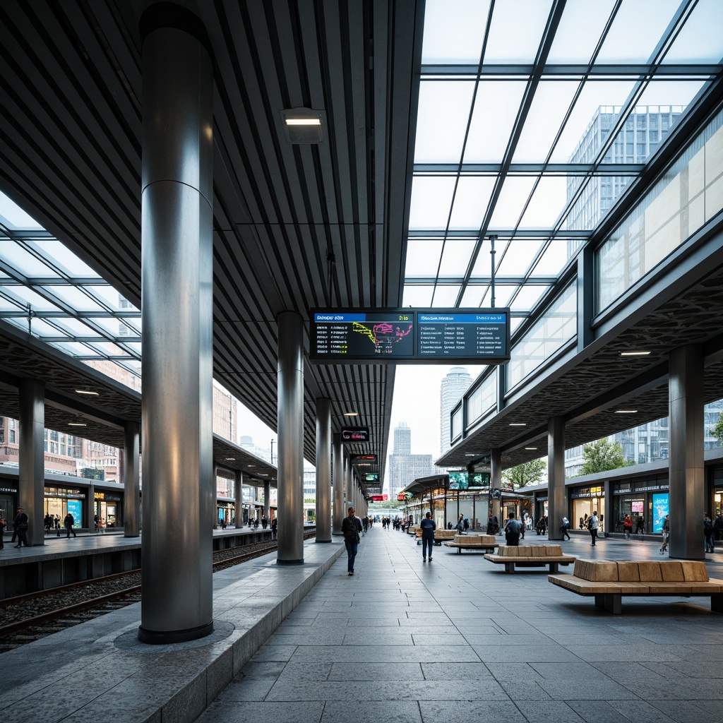 Prompt: Modern train station, sleek glass roof, stainless steel columns, bright LED displays, clear signage systems, wayfinding indicators, dynamic passenger information, real-time schedules, intuitive navigation, comfortable waiting areas, wooden benches, urban landscape views, bustling city atmosphere, natural stone flooring, energy-efficient lighting, shallow depth of field, 1/1 composition, realistic textures, ambient occlusion.