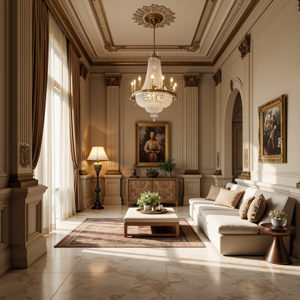 Prompt: Elegant neoclassical interior, ornate moldings, creamy marble floors, polished bronze fixtures, luxurious silk fabrics, rich wood paneling, intricate carvings, crystal chandeliers, soft warm lighting, subtle gradient shading, high-contrast composition, detailed textures, ambient occlusion, warm beige color palette, subtle gold accents, refined furnishings, sophisticated patterns.